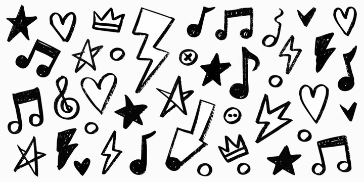 Musical notes stars and hearts sketch pattern on a white background
