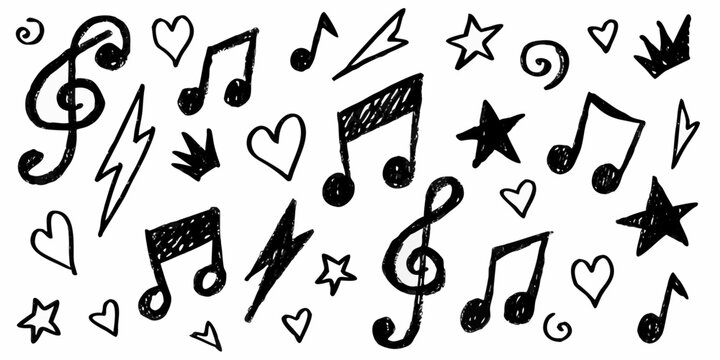 Musical Notes And Symbols Sketch Black Ink On White Background