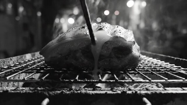 Black and white close up of fatty meat roasting on a grill with steam rising, delicious food concept
