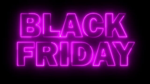 Neon BLACK FRIDAY text icon animation glowing pink color business poster template signboard alphabet font letter word banner sign seamless light effect footage on black background