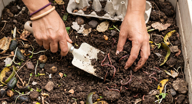 Close-up of hands holding soil with worms in a garden bed. Composting and gardening concept.