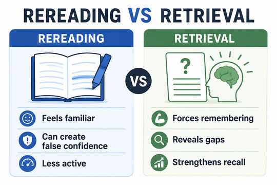 A comparison chart illustrates the differences between rereading and retrieval as study methods.