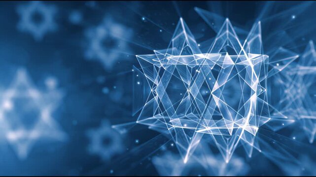Light patterns form a star design on a blue background in an animated display
