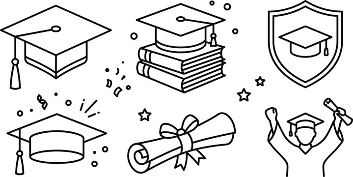 Graduation vector icon set featuring mortarboard caps books diploma scroll shield and celebrating student for academic success education