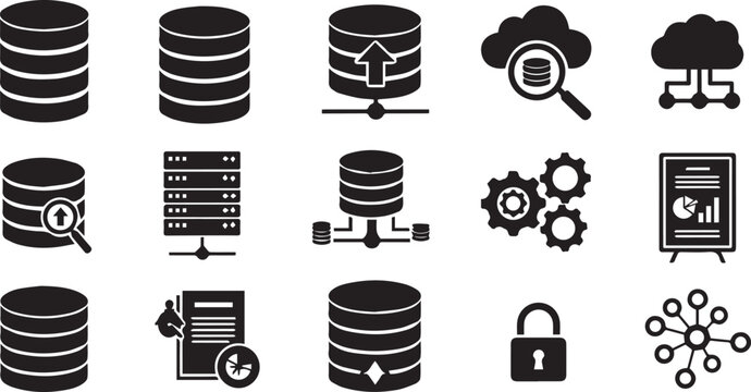 Collection of icons depicting database management and security concepts including data storage encryption access control with database management security encryption internet magnifying settings