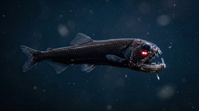 A menacing deep sea predator fish with glowing red eyes swimming in the dark ocean depths.
