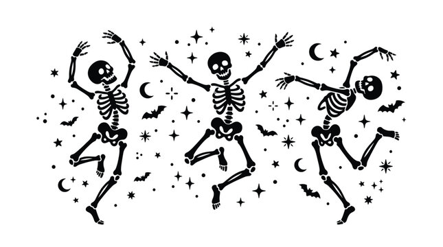 Three dancing skeletons celebrating Halloween surrounded by stars, moons, and bats, black line art illustration.