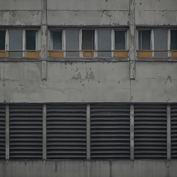Facade of an old grey concrete building from the totalitarian era. Repeating pattern of rectangular windows and industrial ventilation grilles. Urban brutalist architecture texture.