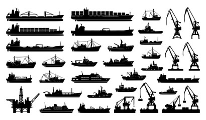 Obraz premium Cargo Ship and Ocean Vessel Silhouette Set with Container Ships Fishing Boats Harbor Cranes and Oil Rig for Logistics Marine Industry (22 words)