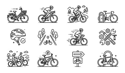 Obraz premium Bicycle and Cycling Icon Set with Riders Helment Repair Tools Electric Bike Parking and Lane Signs Outline Vector Illustrations for Apps (21 words)