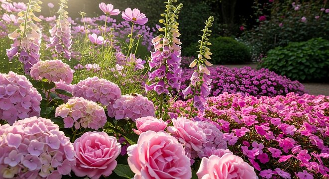 Vibrant pink hydrangea and rose flower bed with tall spikes in sunlit garden