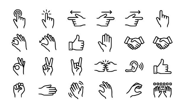 Hand Gestures and Touch Screen Interface Line Icon Set featuring Pointing Finger, Pinch Zoom, Thumbs Up, Handshake, Fist Bump, and UI Communication Symbols