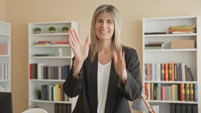 Woman clapping hands and smiling, middleaged blonde in black blazer before bookshelves in office building; warm encouragement.