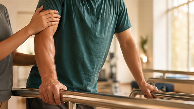 Physiotherapist supporting a man during walking rehabilitation exercises. Patient holding parallel bars in clinic. Recovery process, physical therapy and health improvement after an injury.