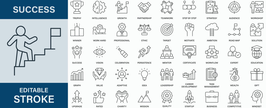 Success icon collection set. Editable stroke.
