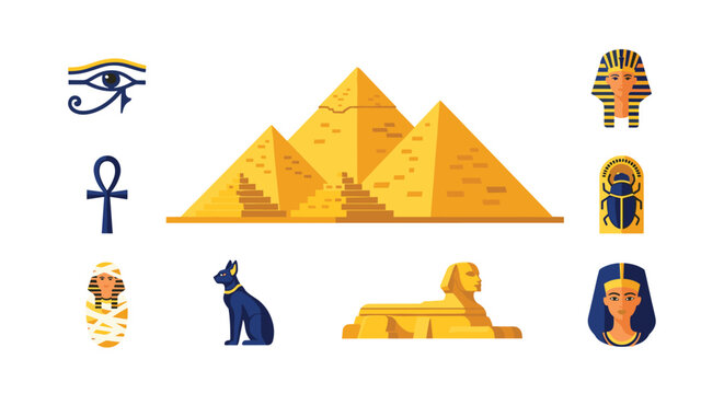 Collection of ancient Egyptian symbols and landmarks including pyramids, the Great Sphinx, sarcophagus, and deities on white.