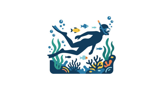 A stylized illustration of a scuba diver swimming underwater among coral reefs and small fish.