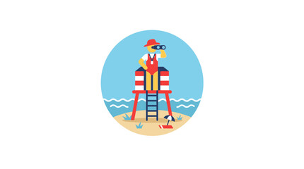 A lifeguard wearing a red hat and uniform stands on a tall wooden tower looking through binoculars. © Maz_Opal