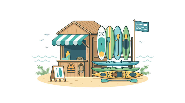 A colorful beach shack rental shop with paddleboards and kayaks.