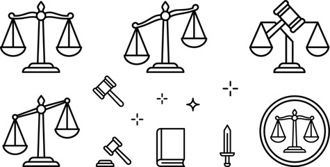 Law justice scale gavel icon set black linear vector icons collection for legal courthouse attorney authority graphic design © MDSAIFUL