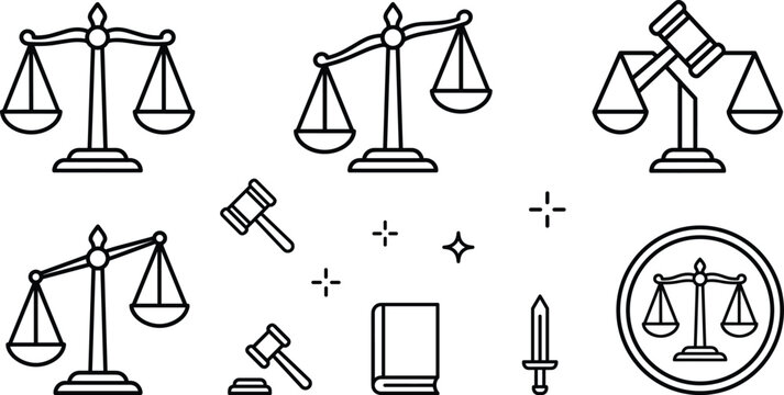 Law justice scale gavel icon set black linear vector icons collection for legal courthouse attorney authority graphic design