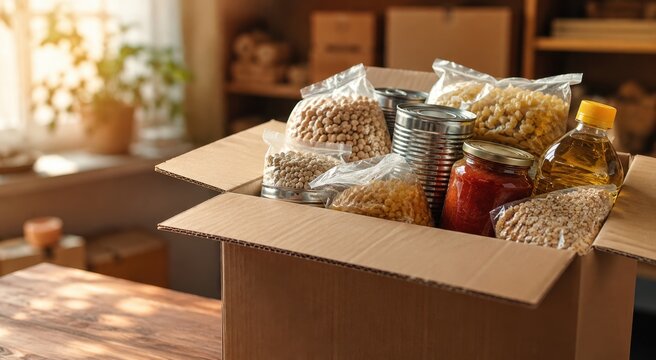 A close-up shot of a grocery donation box containing plastic bags of pasta, chickpeas, and grains, metal tin cans, a glass jar of sauce, and a bottle of cooking oil on a wooden table. Background shows