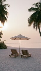 Obraz premium Golden hour serenity beach chairs and parasol under palms evoke tranquil coastal escape moments