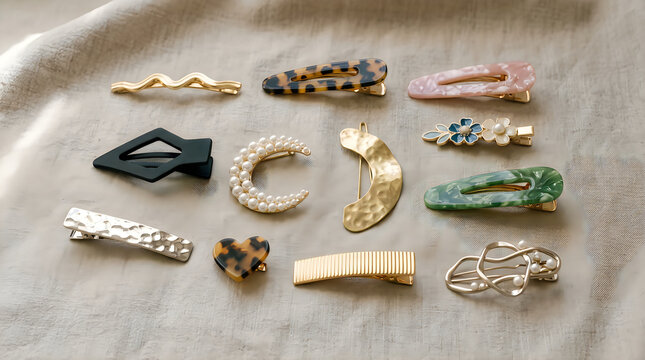 Collection of various stylish hair clips and barrettes arranged on a neutral fabric background, featuring gold, pearl, tortoiseshell, and colorful resin designs