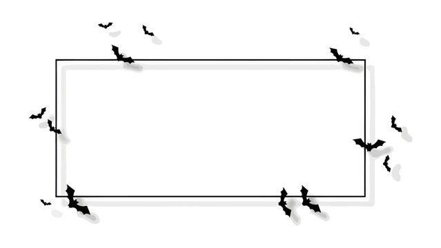 Mysterious Bat Flock Around Frame: A minimalist graphic illustration of a rectangular frame surrounded by a flock of silhouetted bats.