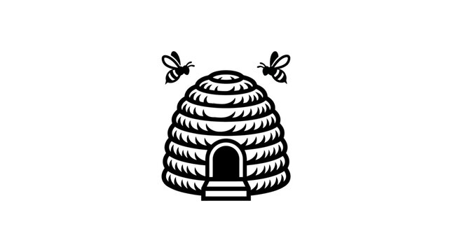 Black and white beehive illustration with flying bees.