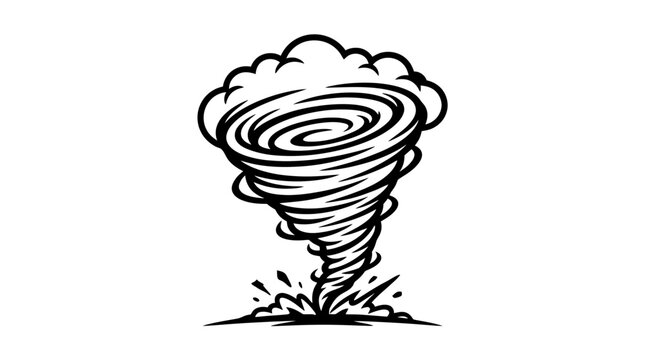 Detailed black and white illustration of a tornado swirling fiercely.