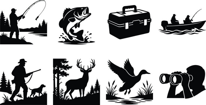 Hunting and Fishing Outdoor Wildlife Silhouette Vector Bundle with Anglers Deer Duck Hunter and Camping Equipment