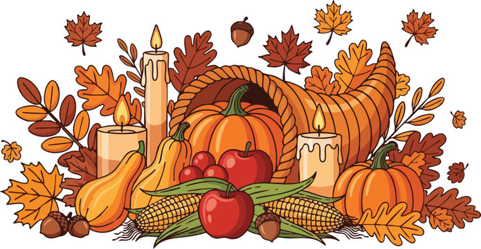 Detailed Thanksgiving Cornucopia Arrangement With Lit Tapered Candles and Scattered Autumn Foliage on White Background