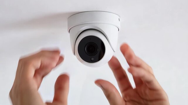 A person is adjusting the angle and position of a white dome security camera mounted on a ceiling.
