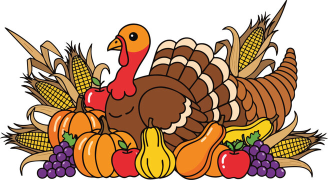 Festive Autumn Harvest Cornucopia With Stylized Turkey Fruits and Corn Stalks Isolated on White Background for Thanksgiving Celebration