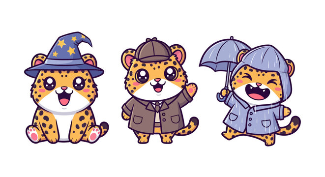 Playful cartoon leopards in whimsical costumes and hats.