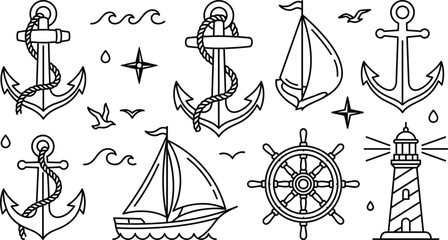 Nautical vector icon set featuring marine anchors sailboats lighthouse ship helm wheel ocean waves and flying seagulls symbols © MDSAIFUL