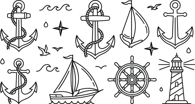 Nautical vector icon set featuring marine anchors sailboats lighthouse ship helm wheel ocean waves and flying seagulls symbols