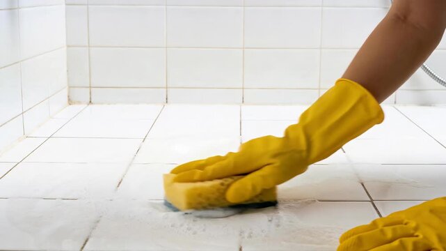 A person wearing yellow rubber gloves scrubs dirty white bathroom floor tiles with a kitchen sponge.