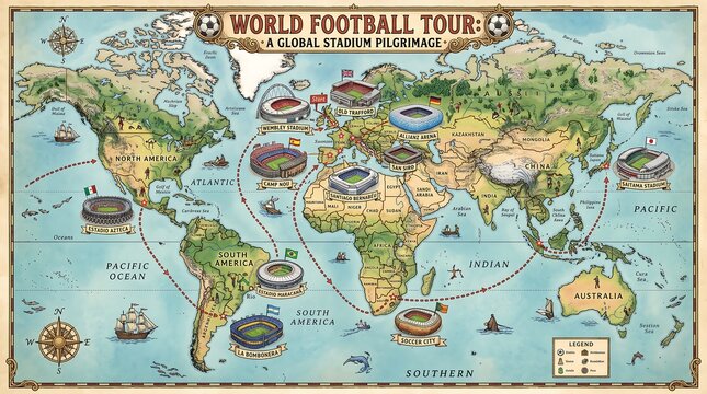 Detailed vintage historical illustrated atlas map graphic blueprint celebrating global country matches with old
