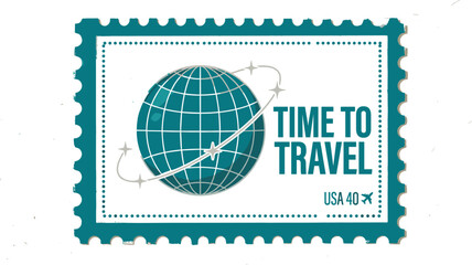 Obraz premium Vintage postage stamp vector design featuring a globe with flight paths and time to travel text isolated on white.eps