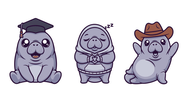 Cute Cartoon Manatee Characters in Various Costumes.