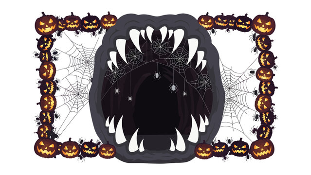 Halloween Monster Mouth Border: A spooky and festive Halloween-themed border features a monstrous mouth with sharp teeth and fangs, framed by jack-o'-lanterns and cobwebs.