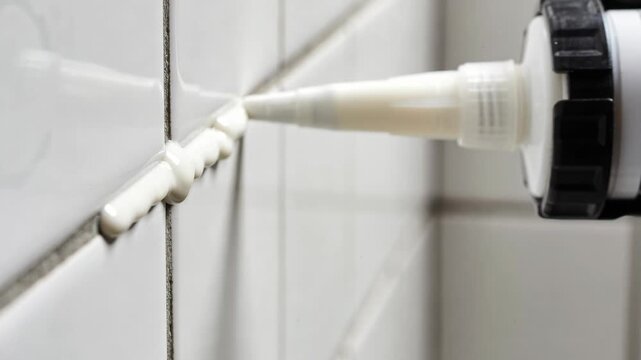 A close-up view shows a caulking gun applying sealant into the narrow gap between white wall tiles.