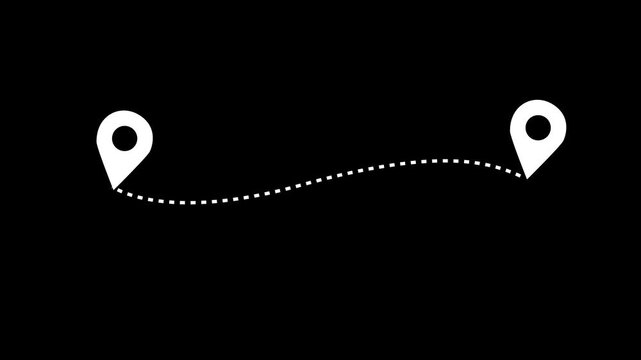 Two location pins connected by dotted line on black background minimal navigation concept