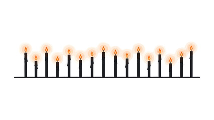 Row of Illuminated Candles: A collection of numerous black candles with orange glowing flames stands in a line, creating a warm and atmospheric display. © Mohiuddin123