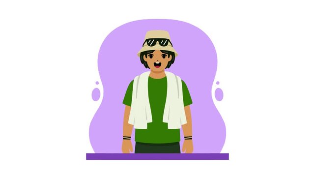 Animated flat character of a jewish boy or man wearing a kippah hat and tallit prayer shawl on a purple background.