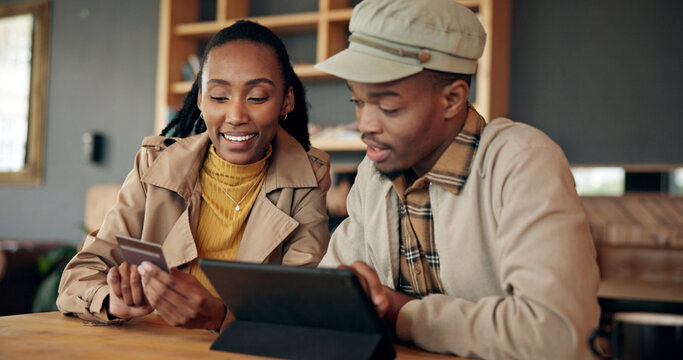 Couple, tablet and credit card for payment in cafe, online banking, shopping or digital purchase. Password, ecommerce and paying with black man and woman for financial transaction at coffee shop