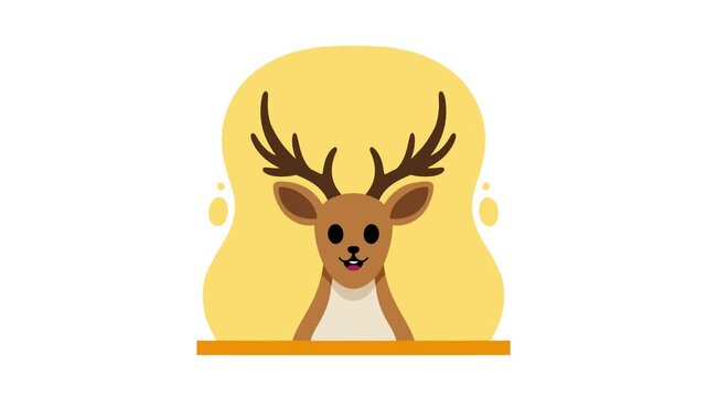 Cute 2D animated deer head with large brown antlers inside a yellow circular frame for children education videos.