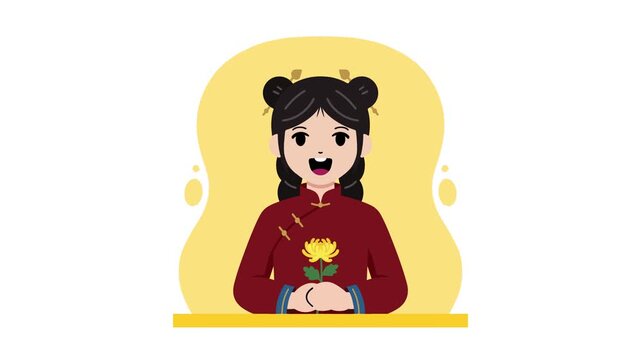 Flat 2D animation of a traditional chinese woman wearing a red cheongsam dress holding a yellow lotus flower on an orange background.